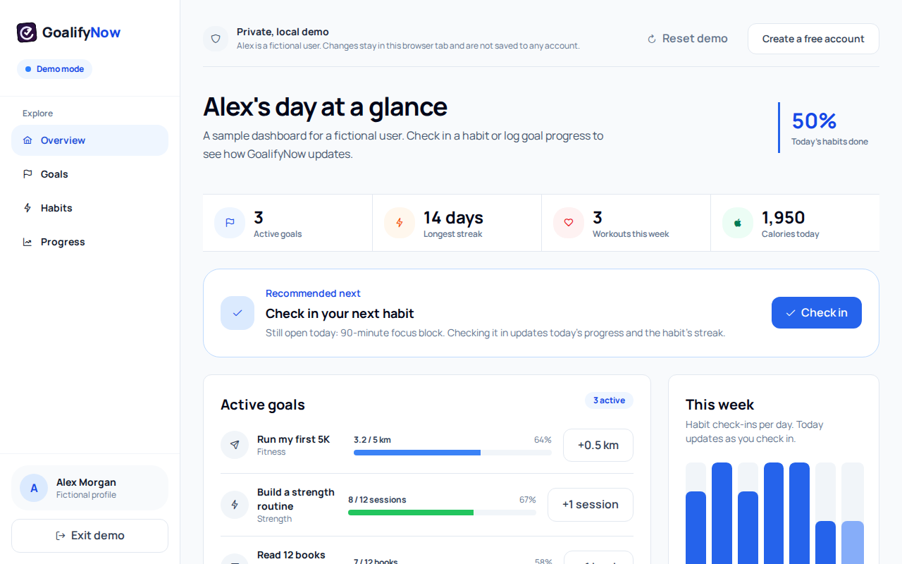 GoalifyNow web demo with fictional goals and habits